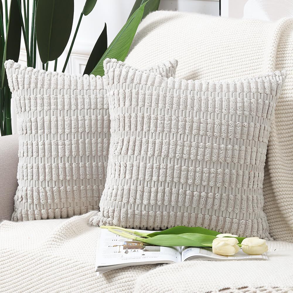 4229 Pack of 2 Boho Striped Corduroy Throw Pillow Covers 22x22 Inch Grey